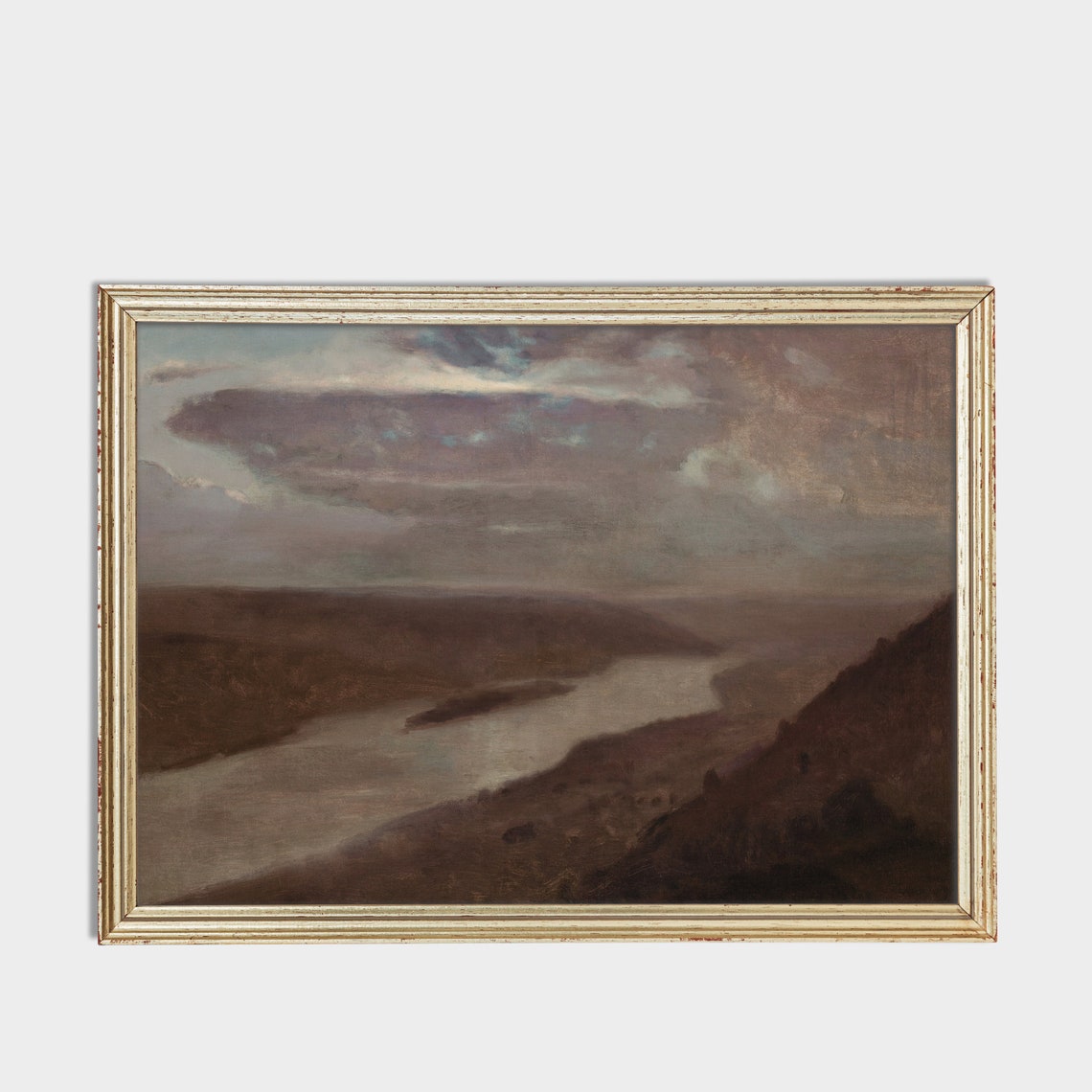 Moody River Valley at Dusk Under Heavy Clouds Tonalist Painting Poster - Image 3