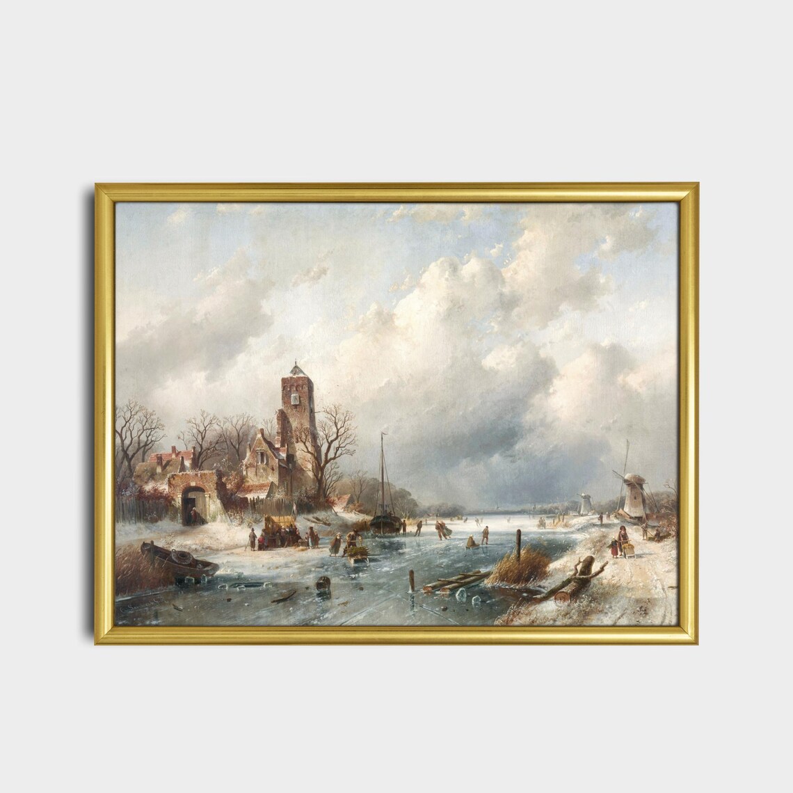 Dutch Church Windmills Frozen Canal Vintage Winter Art Poster - Image 2