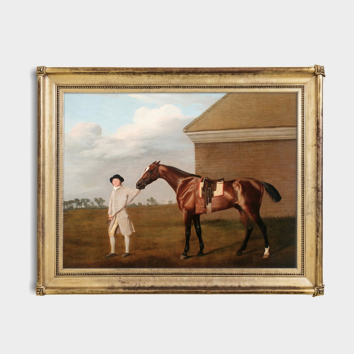 Groom Holding a Bay Horse Beside a Brick Stable Equestrian Poster - Image 2