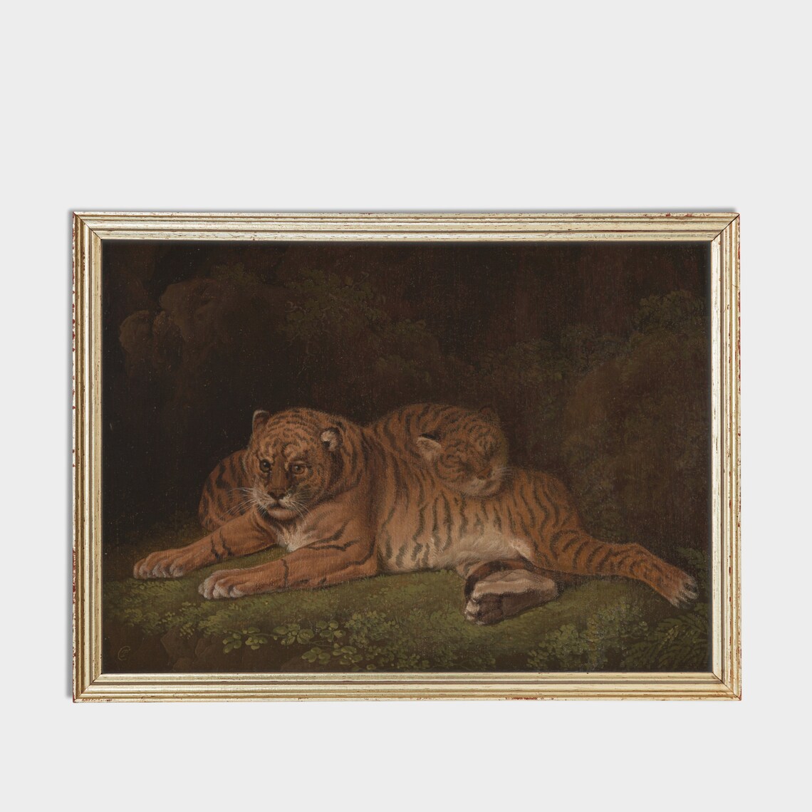 Two Tigers Resting Together in a Dark Forest Vintage Oil Painting Poster - Image 3