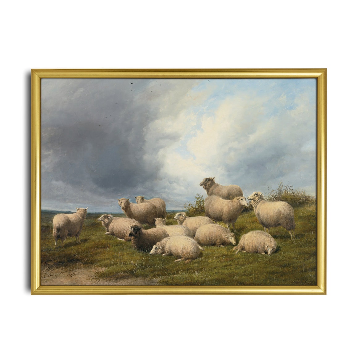 Flock of Sheep Resting Under a Dramatic Cloudy Sky Pasture Poster - Image 3