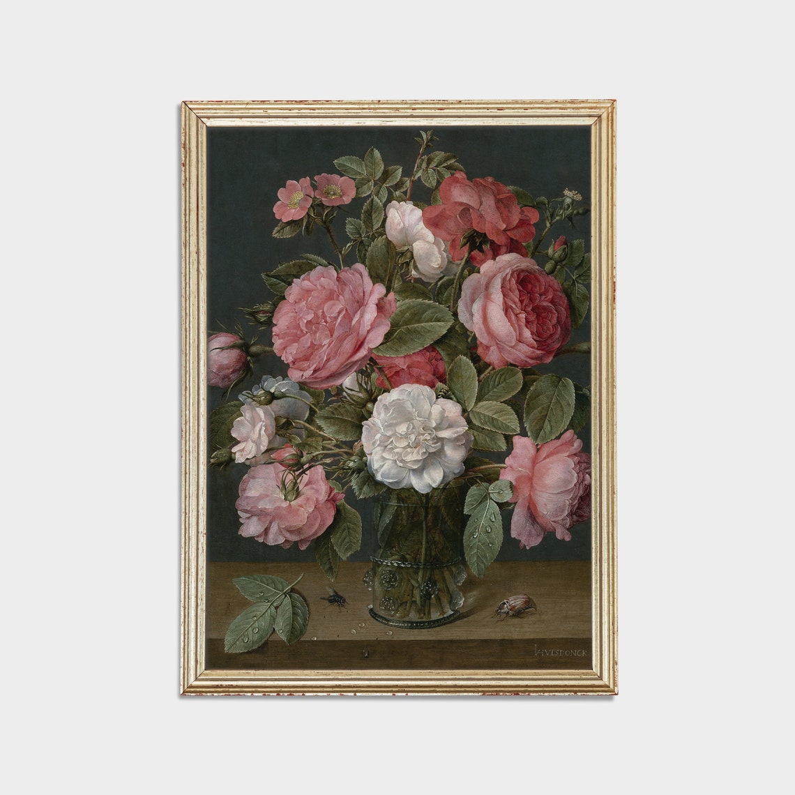 Pink and White Roses in a Glass Vase Dutch Still Life Poster - Image 2