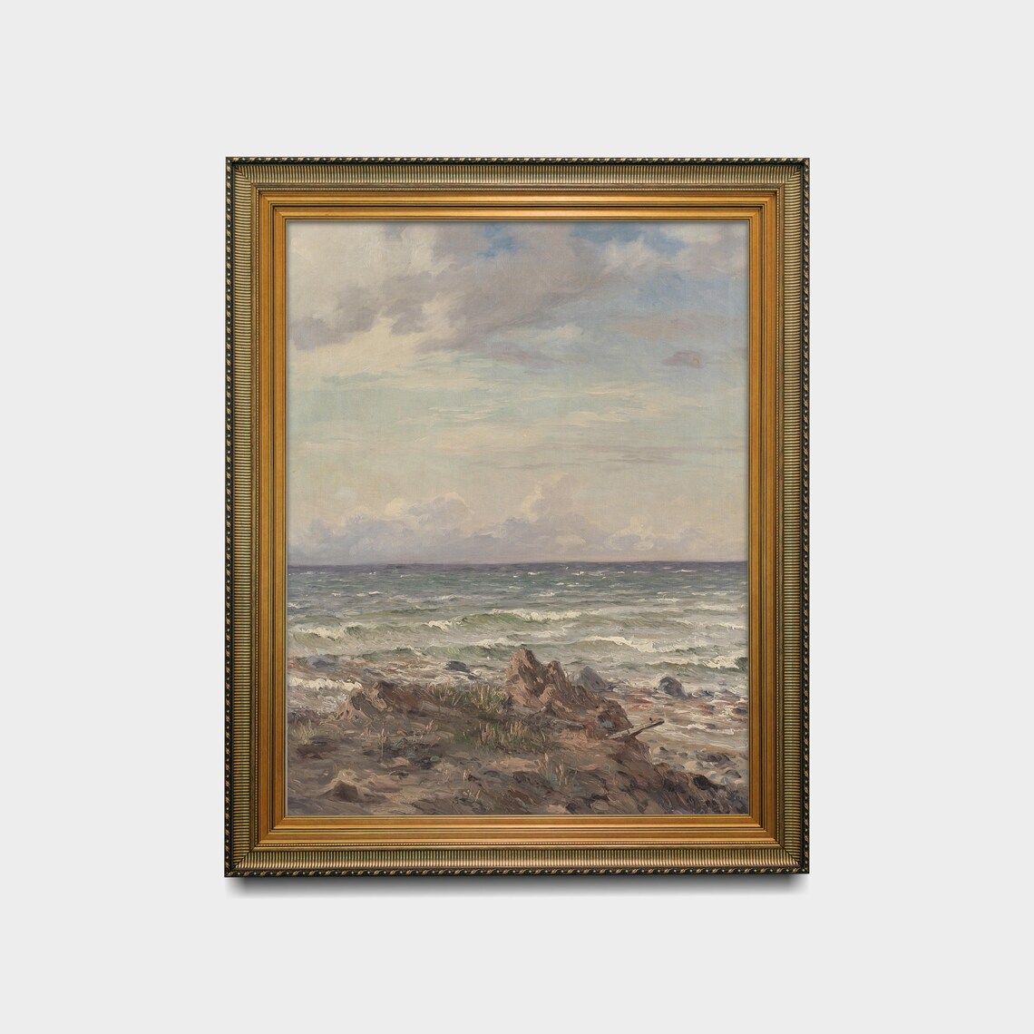 Gray Waves Breaking on a Rocky Shore Moody Vintage Seascape Poster - Image 2