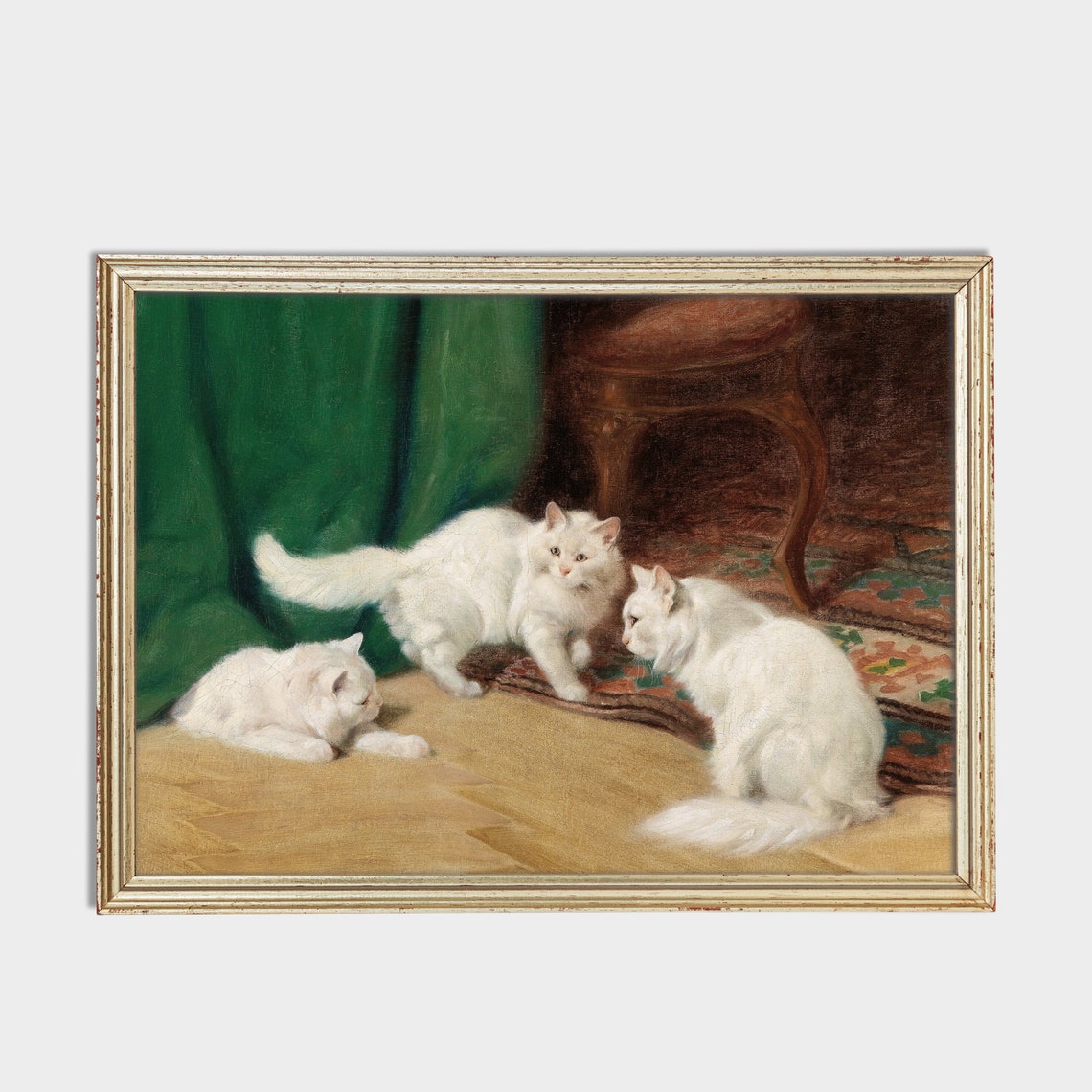Three White Longhair Cats Playing Indoors Vintage Oil Poster - Image 2