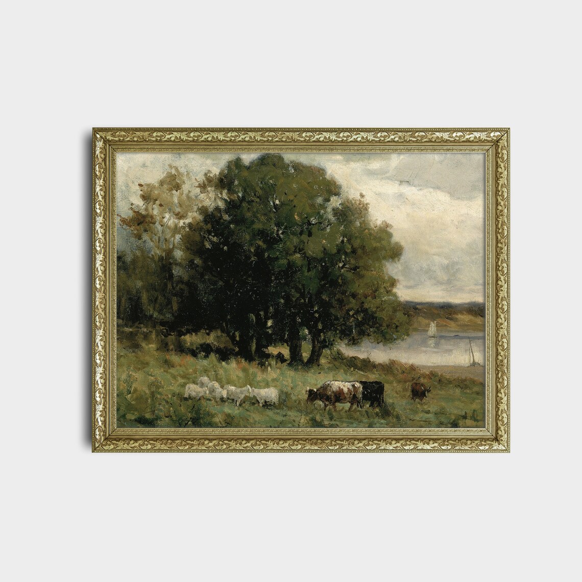 Sheep and Cows Grazing by Calm Riverside Vintage Pastoral Art Poster - Image 2