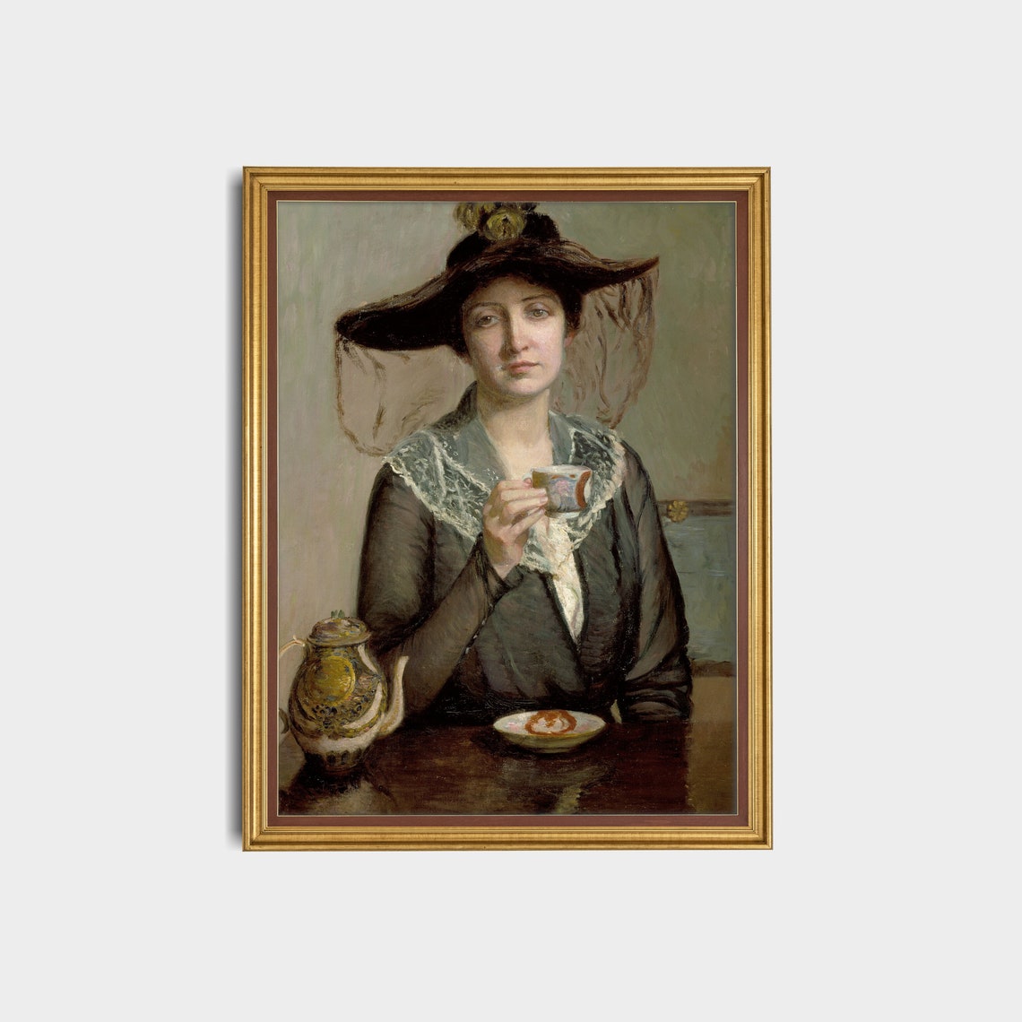 Elegant Woman in a Veiled Hat Drinking Tea Vintage Portrait Poster - Image 2