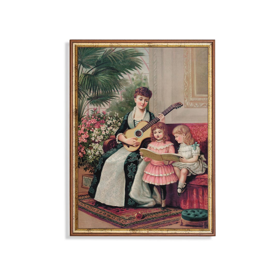 Mother Playing Guitar with Her Singing Daughters Vintage Poster