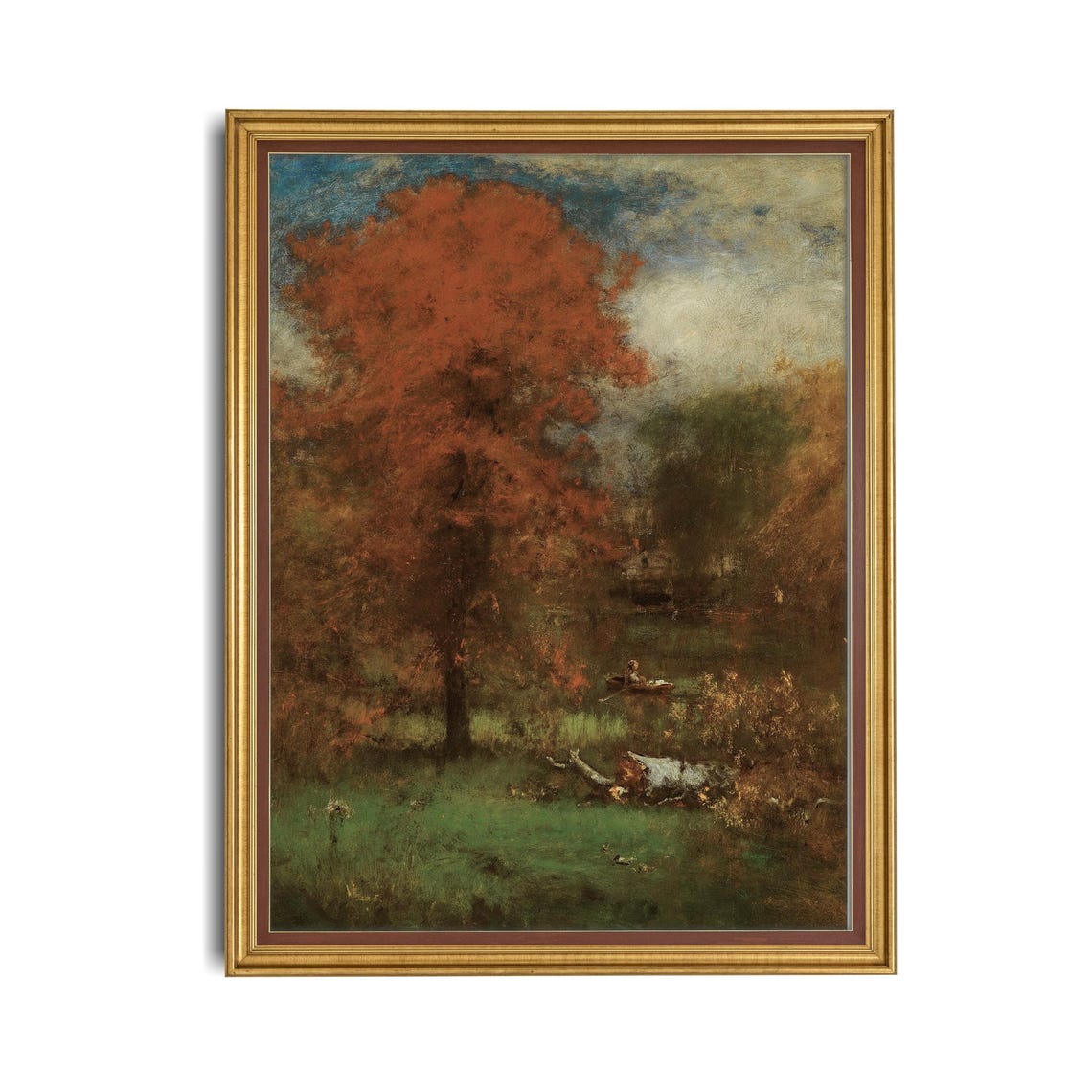 Fiery Red Tree by a Quiet Stream Tonalist Autumn Painting Poster - Image 4