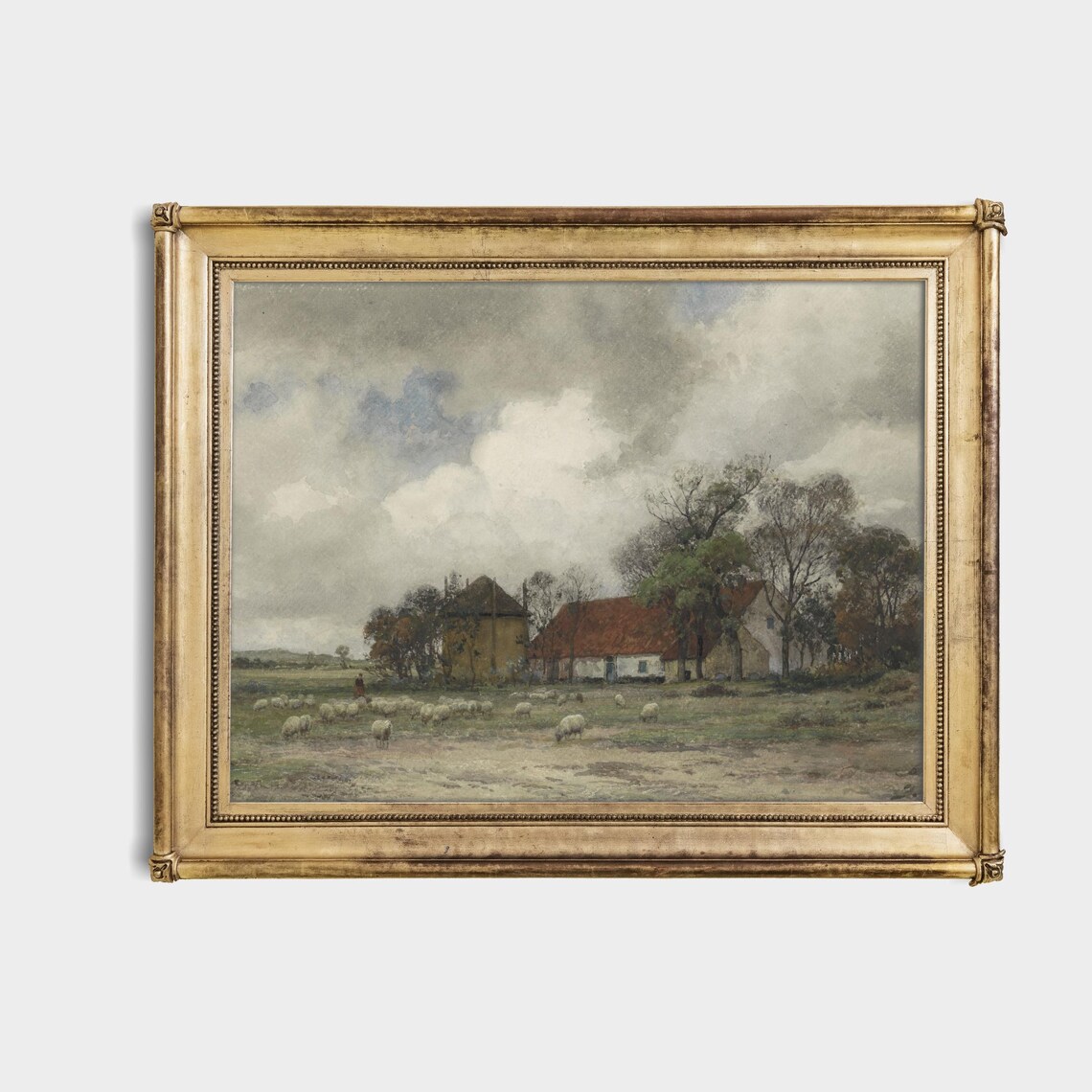 Flock of Sheep with Shepherd near Farmhouses Watercolor Poster - Image 4