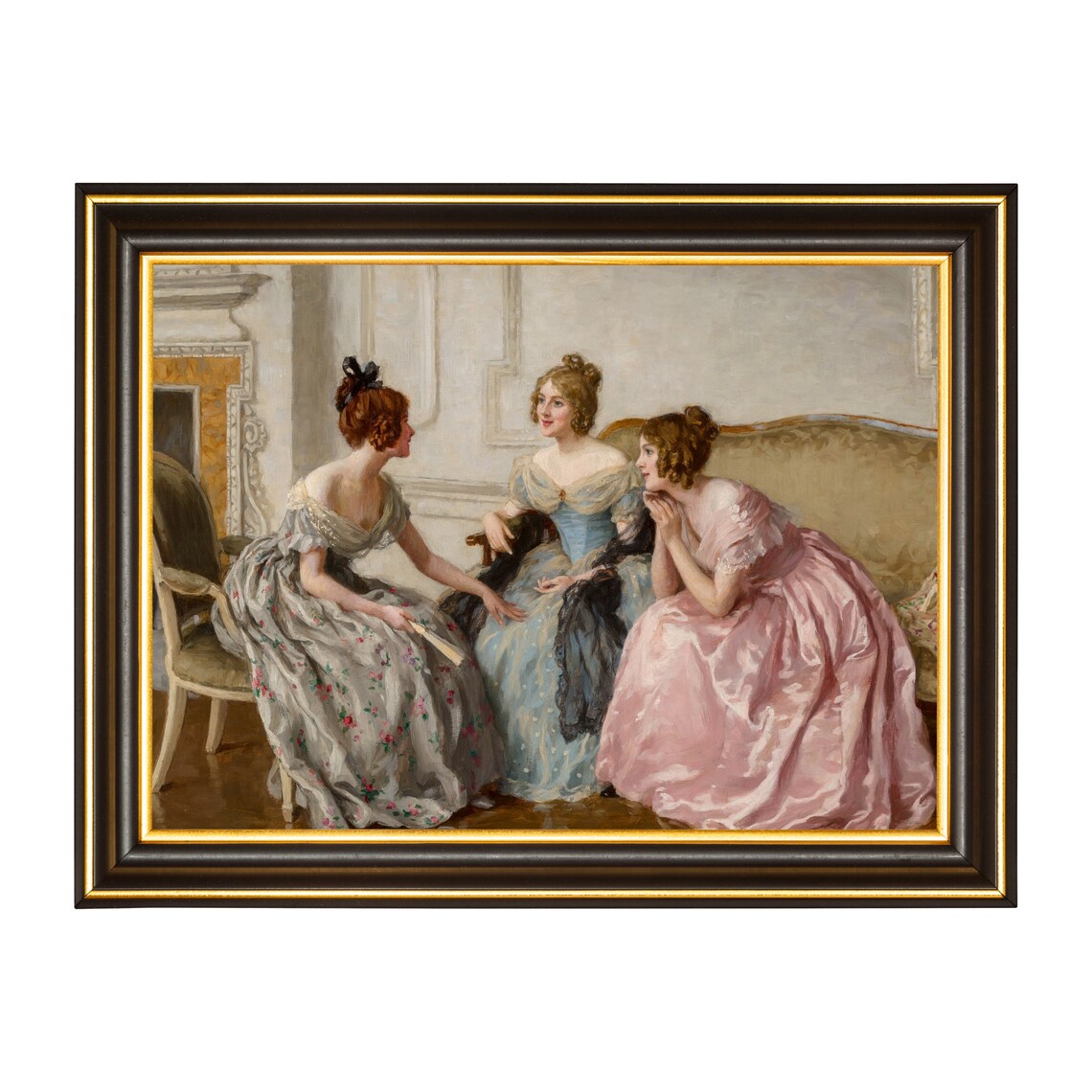 Three Elegant Women in Gowns Chatting in a Grand Parlor Antique Poster - Image 3