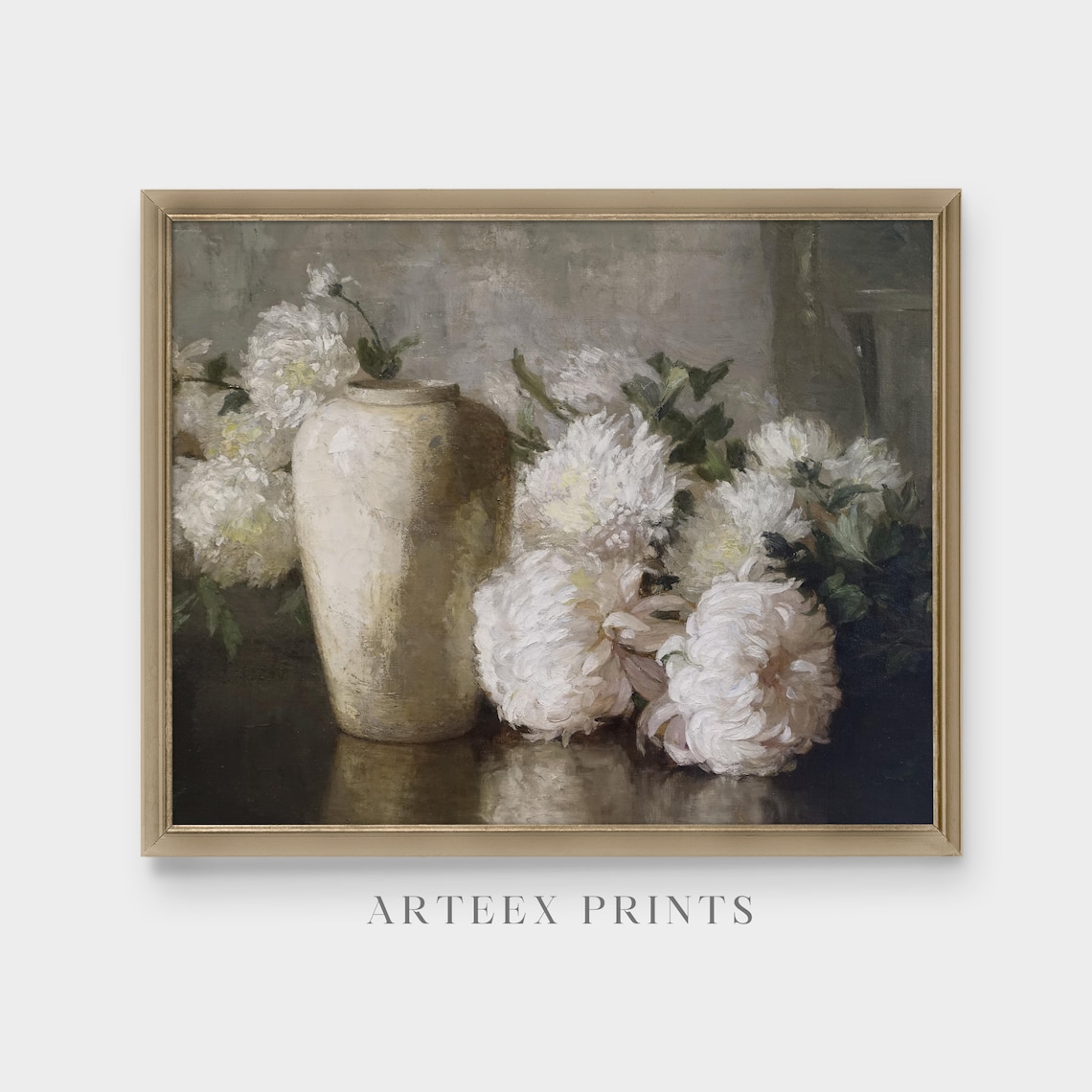White Chrysanthemums in a Vase Moody Dark Floral Still Life Poster - Image 3