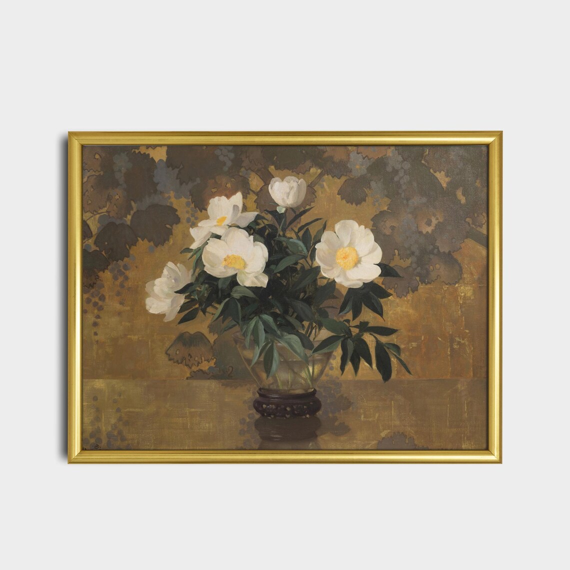 White Peonies In Glass Vase Antique Floral Painting Wall Poster - Image 2