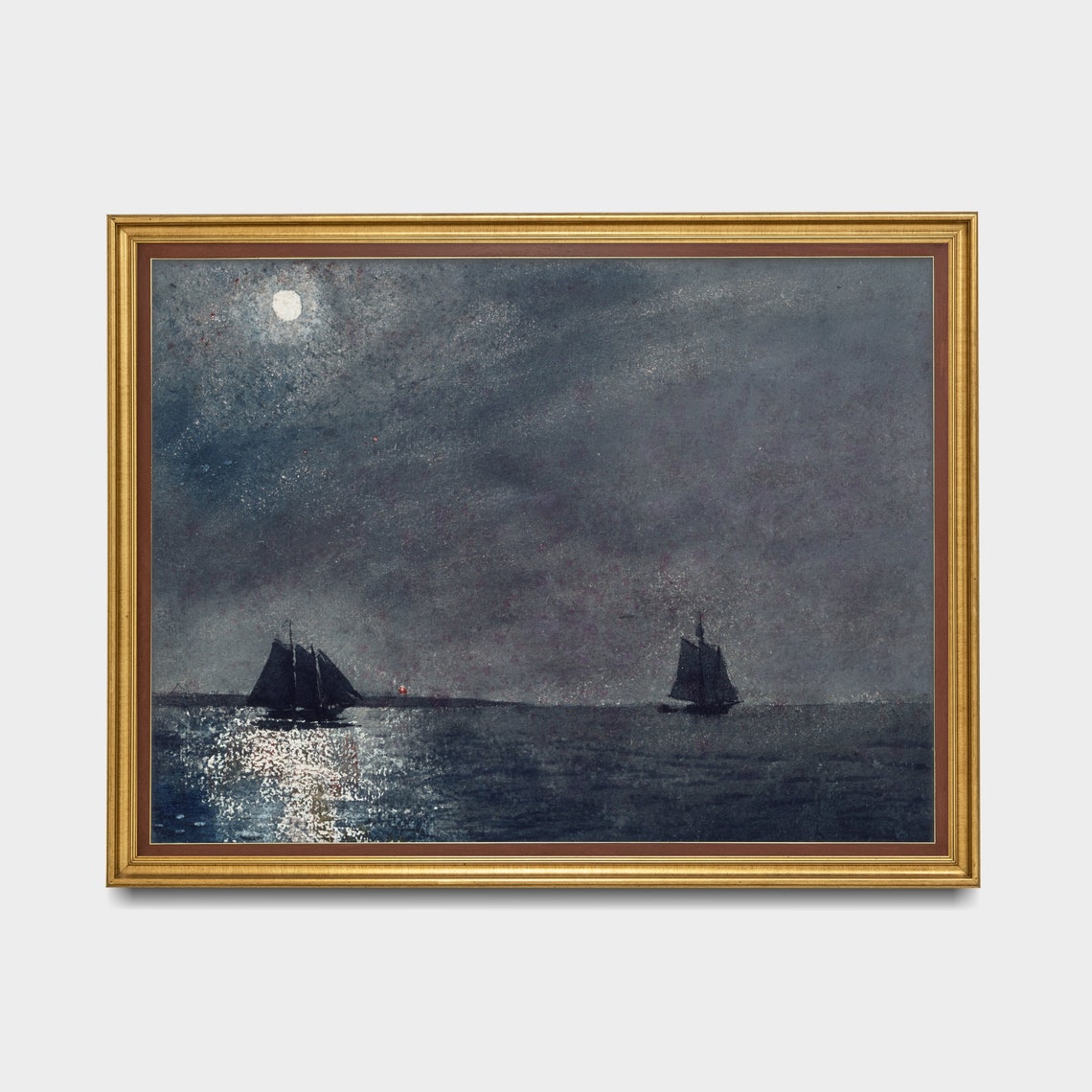 Vintage Moonlight Painting Sailing Ship Rustic Print Moody Antique Seascape Ocean Coastal Decor Wall Art - Image 5
