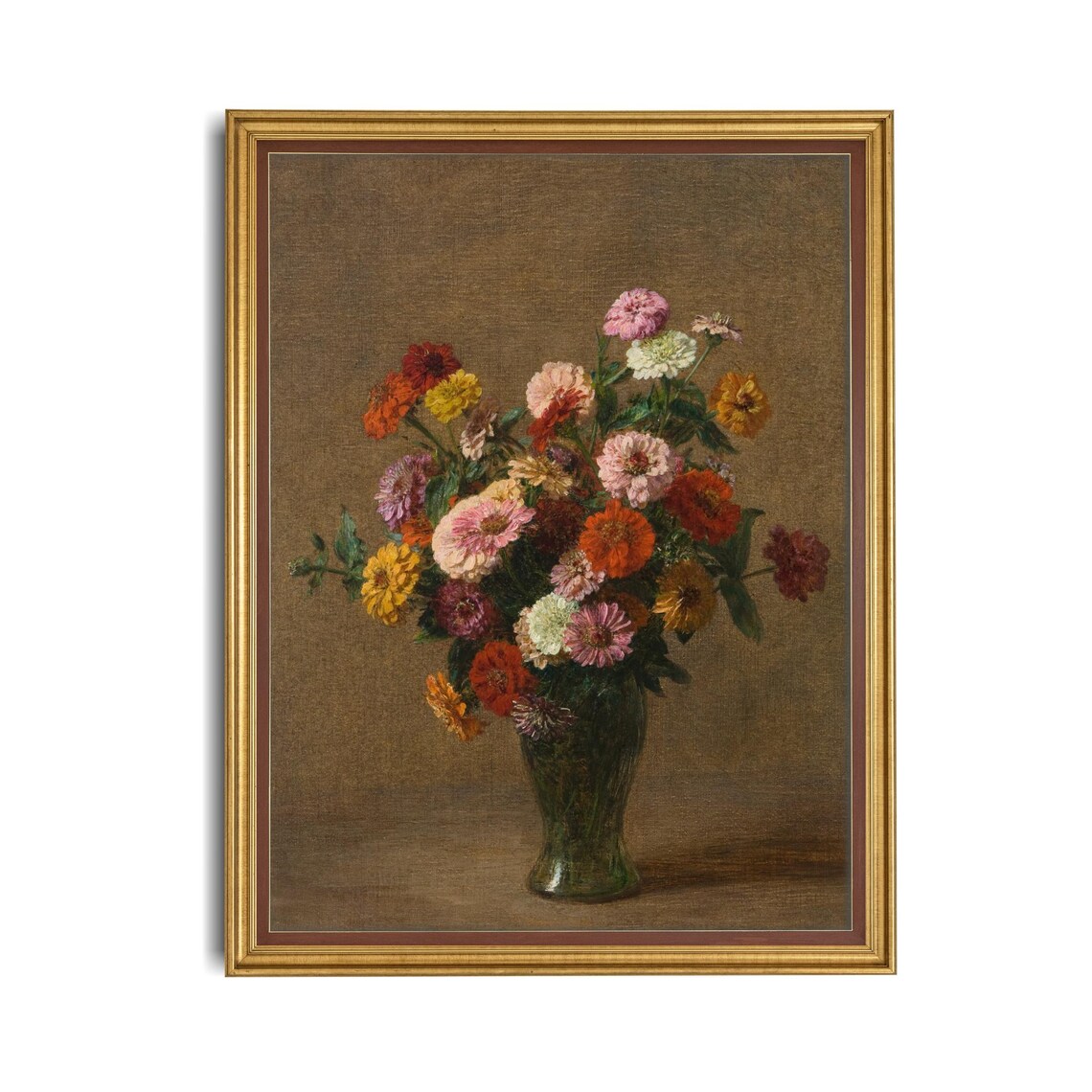 Colorful Zinnias Bouquet Green Vase Realistic Floral Art Poster - Image 4