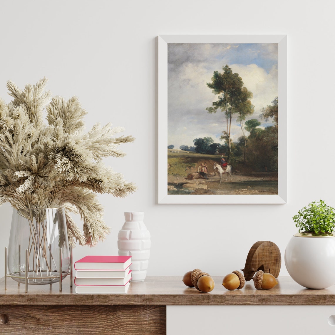 Horse Rider Crossing Stream Under Towering Trees Painting Poster - Image 2