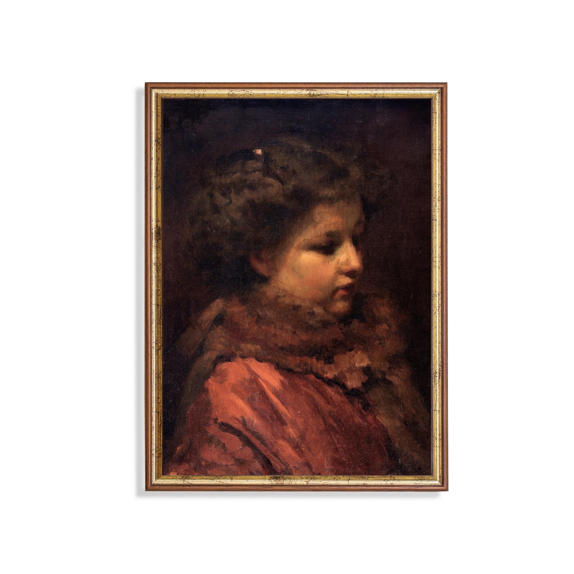 Young Girl in a Red Dress with Fur Collar Vintage Portrait Poster