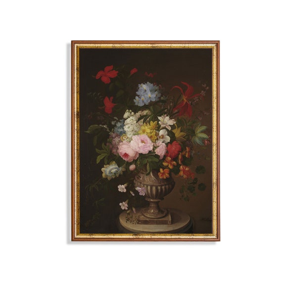 Vintage Still Life With Flowers Antique Floral Painting Moody Rustic Print Flowers In A Vase Wall Art