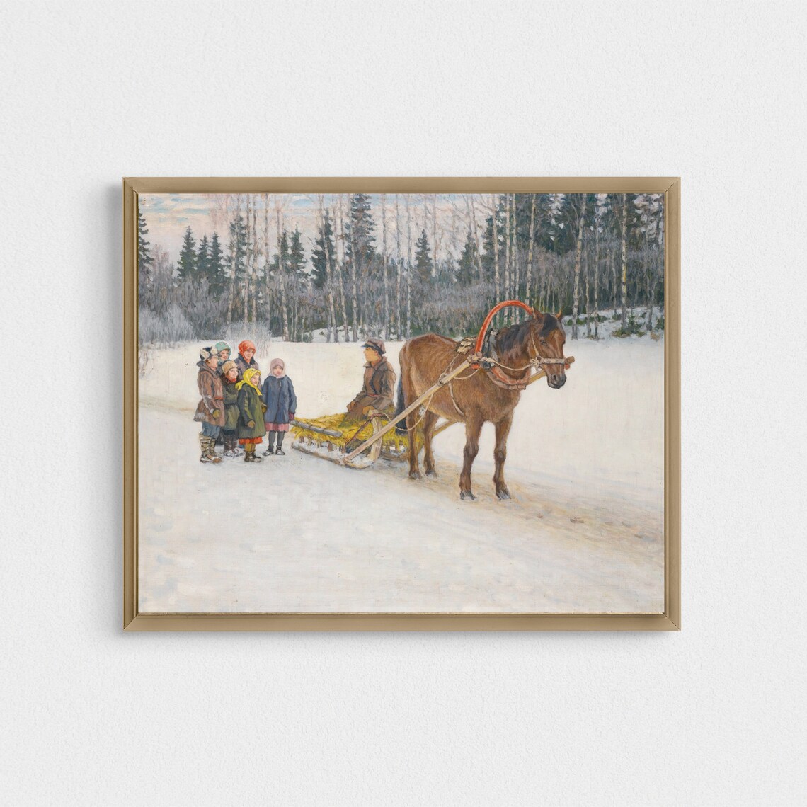 Sleigh Ride With Children, Vintage Winter Art Print - Image 2