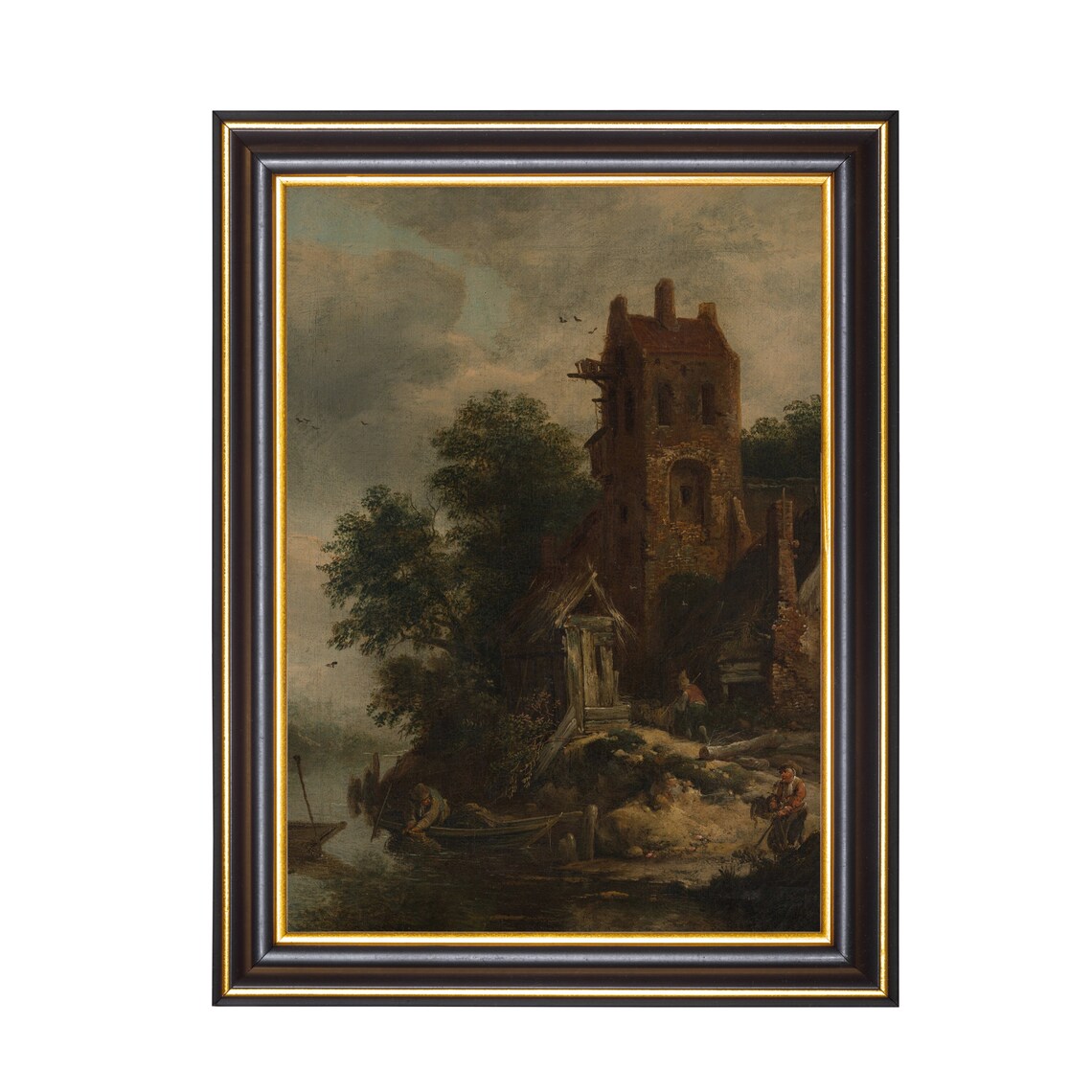 Dutch River Scene With Ruined Brick Tower and Fishermen Antique Poster - Image 2