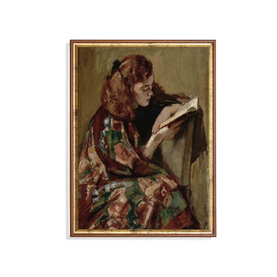 Vintage Portrait Painting Antique Woman Portrait Girl Reading Book Moody Rustic Fine Print Wall Art