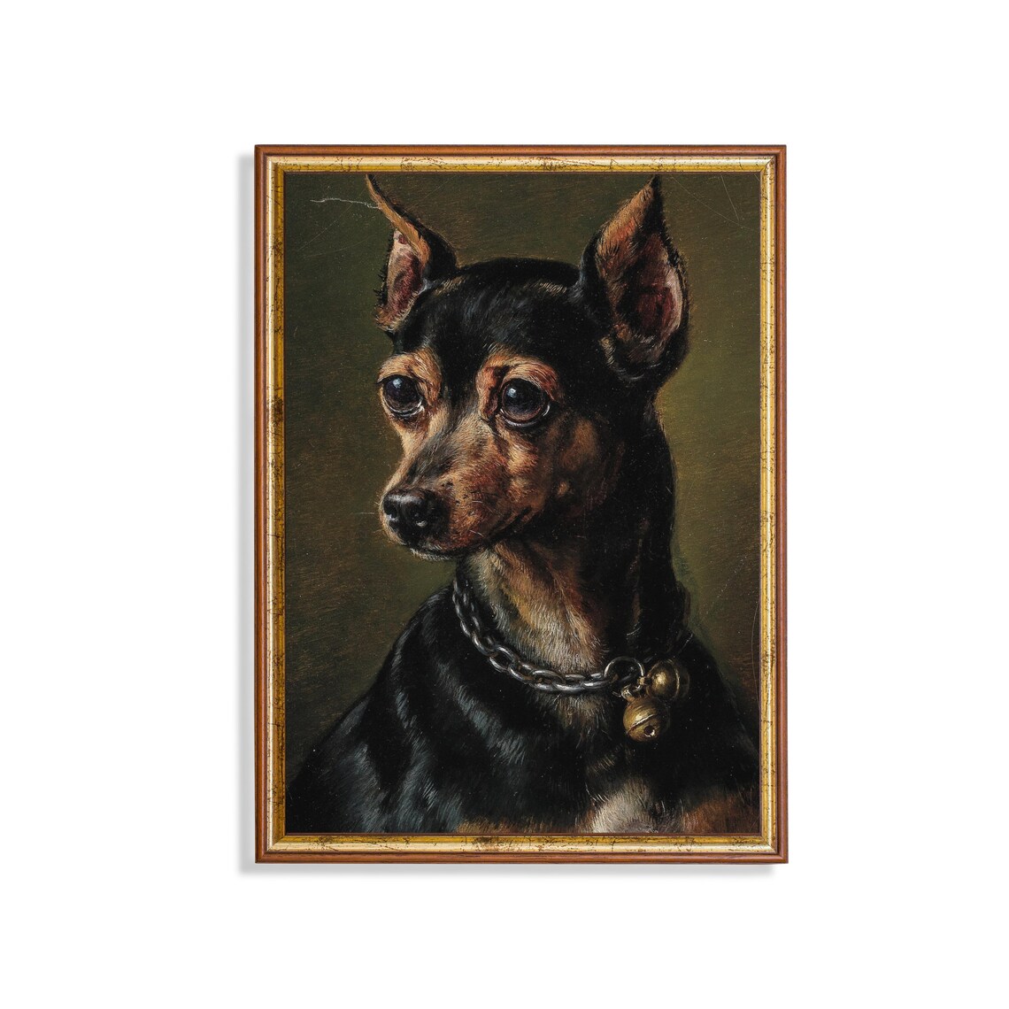 Vintage Small Black Dog Portrait Bell Collar Antique Pet Wall Art
