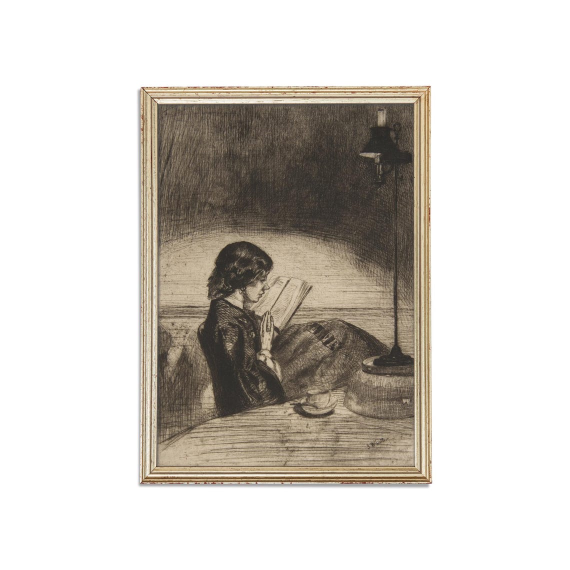 Woman Reading by Lamplight at Night Antique Style Etching Poster - Image 3