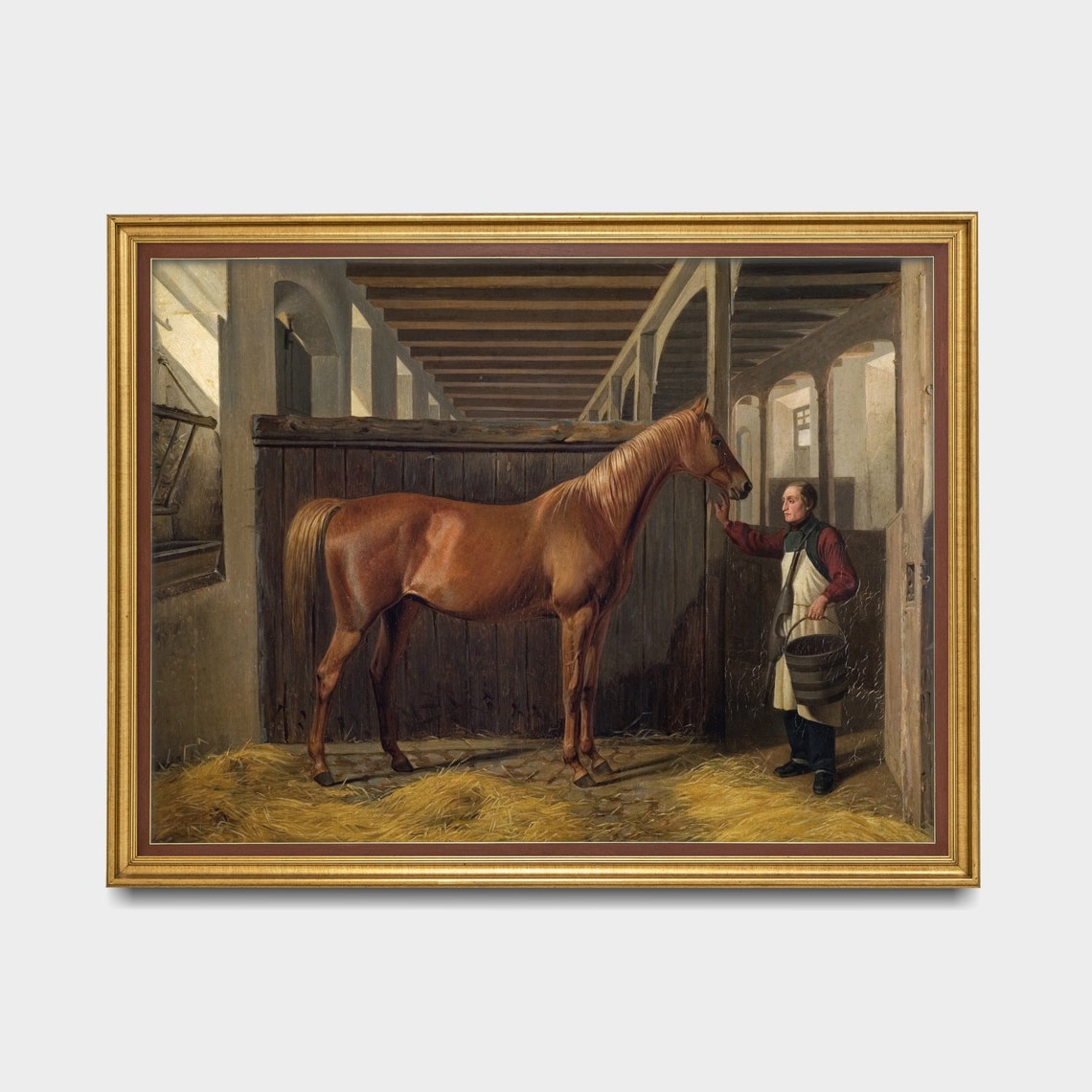 Groom with Bucket Gently Touching a Chestnut Horse Painting Poster - Image 3