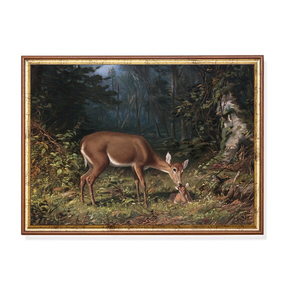 Doe and Fawn in a Moonlit Forest Antique Deer Painting Poster