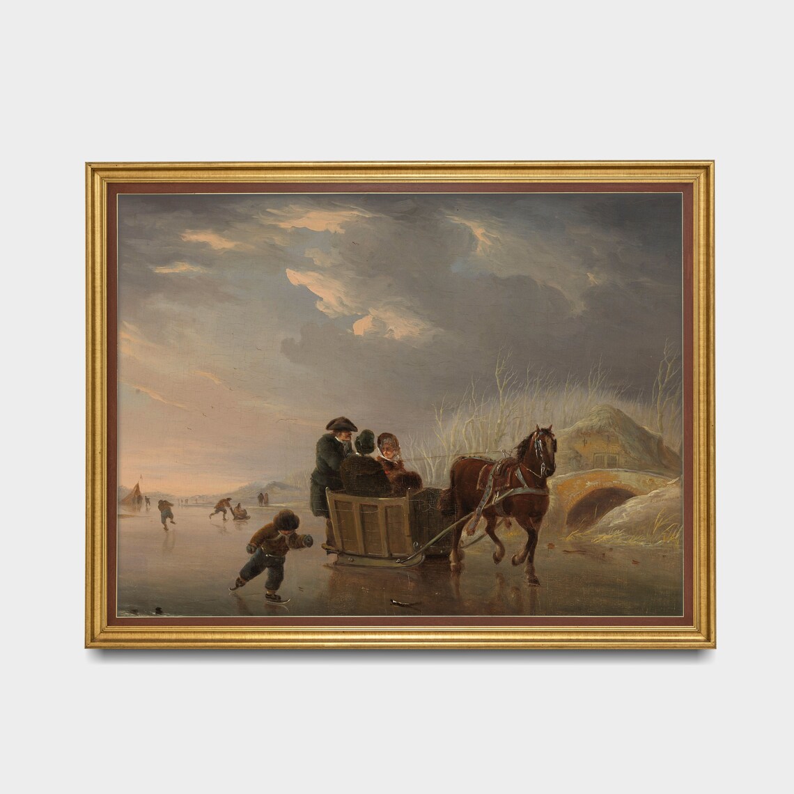 Horse Sleigh and Skaters on a Frozen River at Dusk Romantic Poster - Image 4
