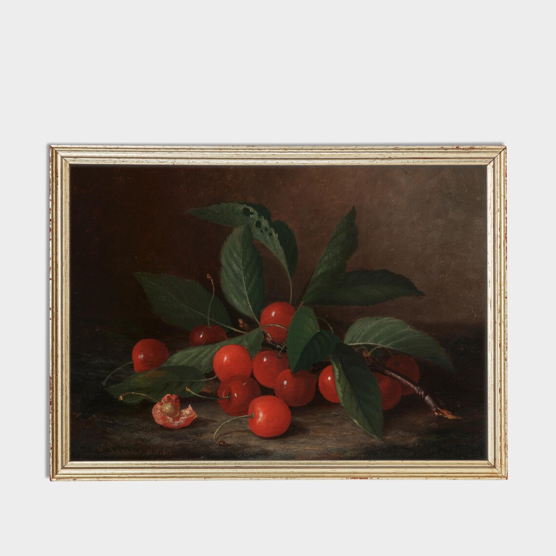 Ripe Cherries on a Branch with Green Leaves Vintage Still Life Poster - Image 3