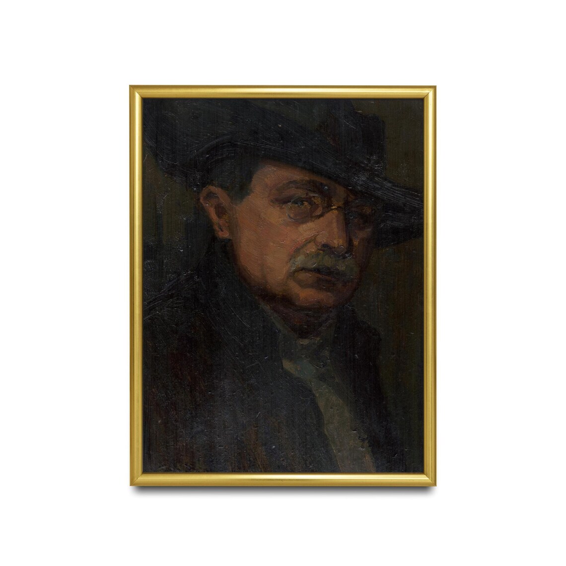 Man With Glasses And Hat Moody Dark Oil Portrait Vintage Poster - Image 2