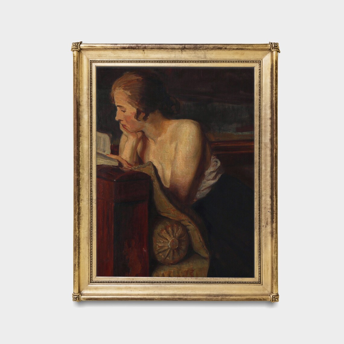 Antique Oil Portrait of a Woman Reading a Book at Her Desk Poster - Image 3