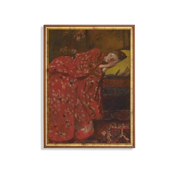 Girl Reclining in a Richly Patterned Red Floral Kimono Poster