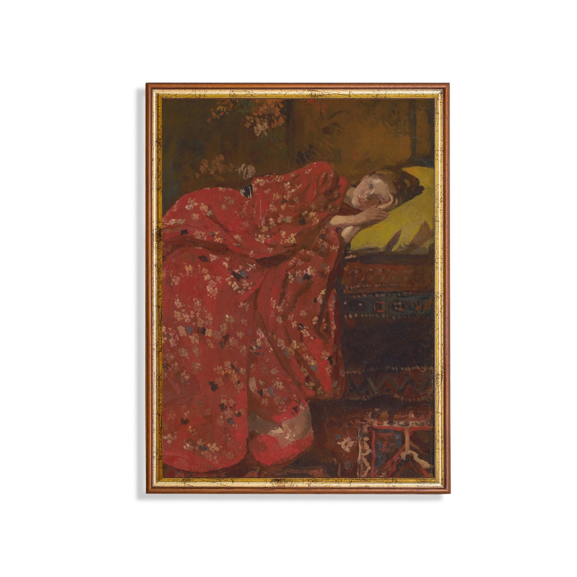 Print And Ship Vintage Portrait Painting Girl In Red Kimono Antique Girl Portrait Mailed Art 18th Century Fine Art Print