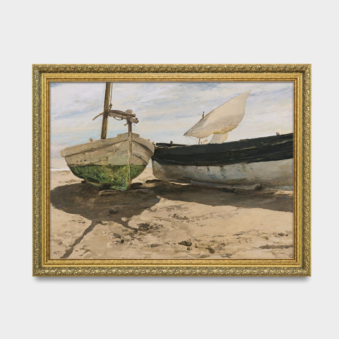 Two Weathered Fishing Boats Resting on a Sunlit Beach Vintage Poster - Image 2