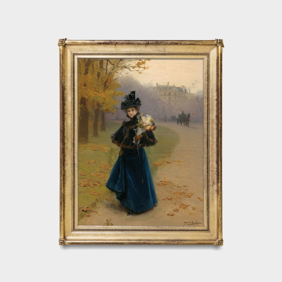 Victorian Lady in Blue Gown With Autumn Flower Bouquet Poster - Image 4