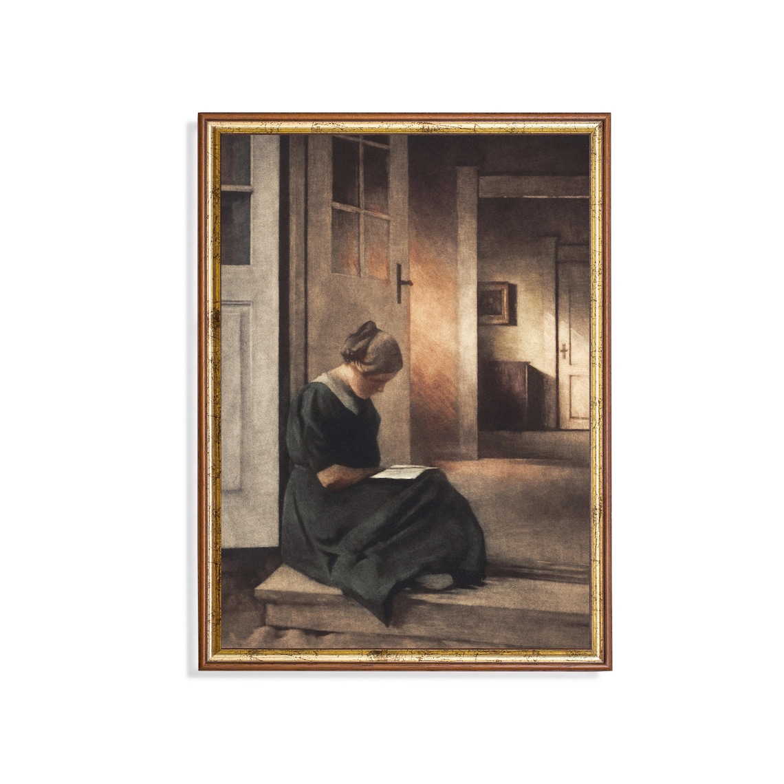 Woman Reading a Book on a Sunlit Doorstep Vintage Genre Poster