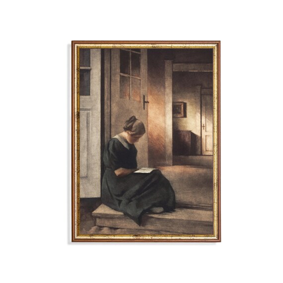 Woman Reading a Book on a Sunlit Doorstep Vintage Genre Poster
