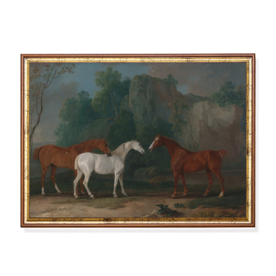 Two Chestnut Horses and a White Horse by the Rocks Painting Poster