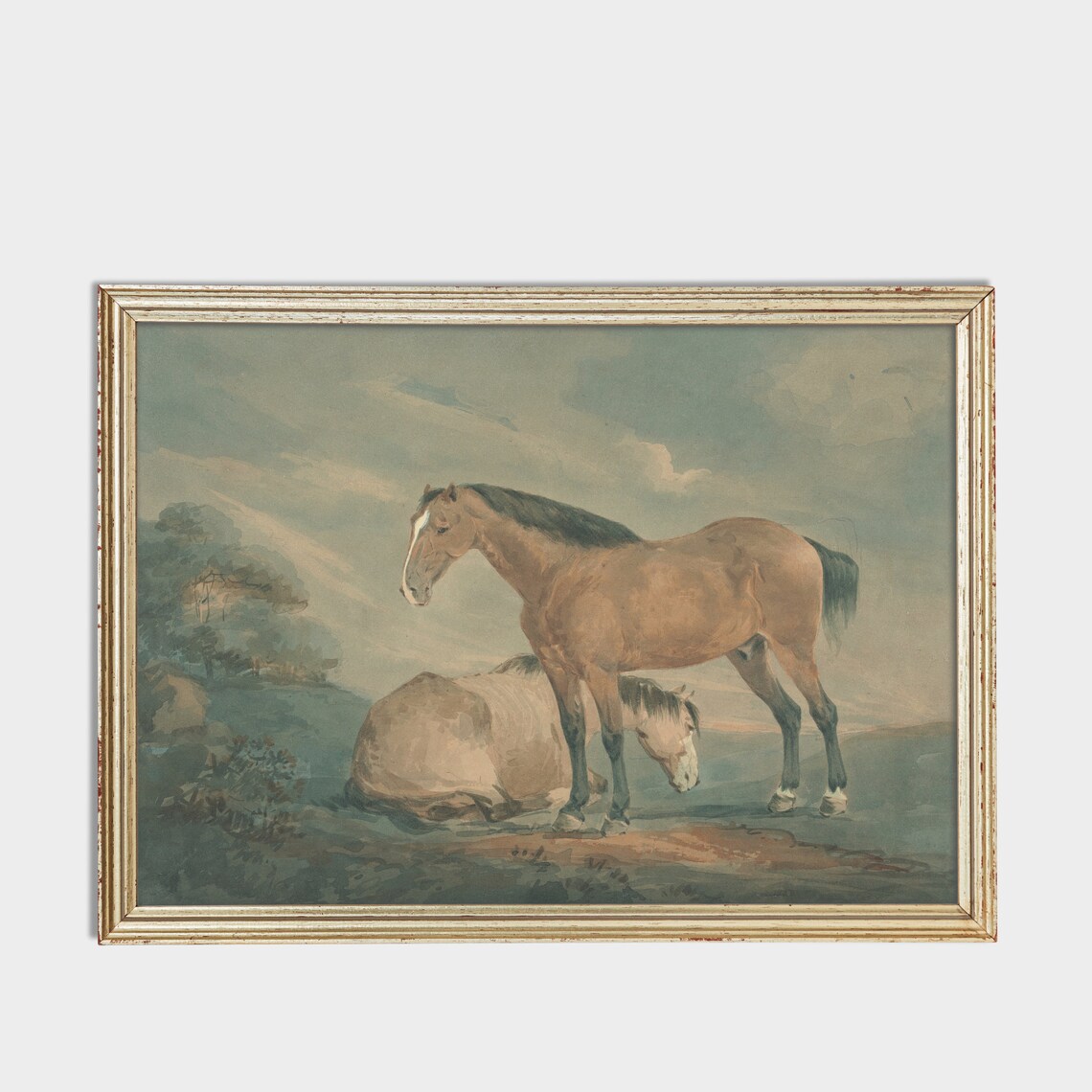 Two Horses Resting Together in a Soft Watercolor Field Poster - Image 3