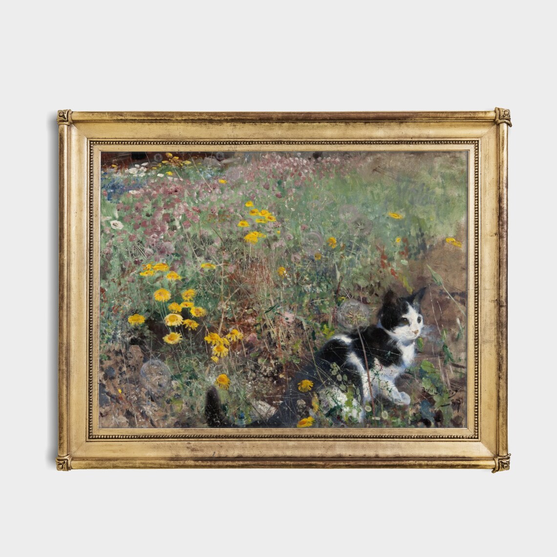 Black and White Cat in Wildflower Meadow Vintage Animal Paint Poster - Image 4