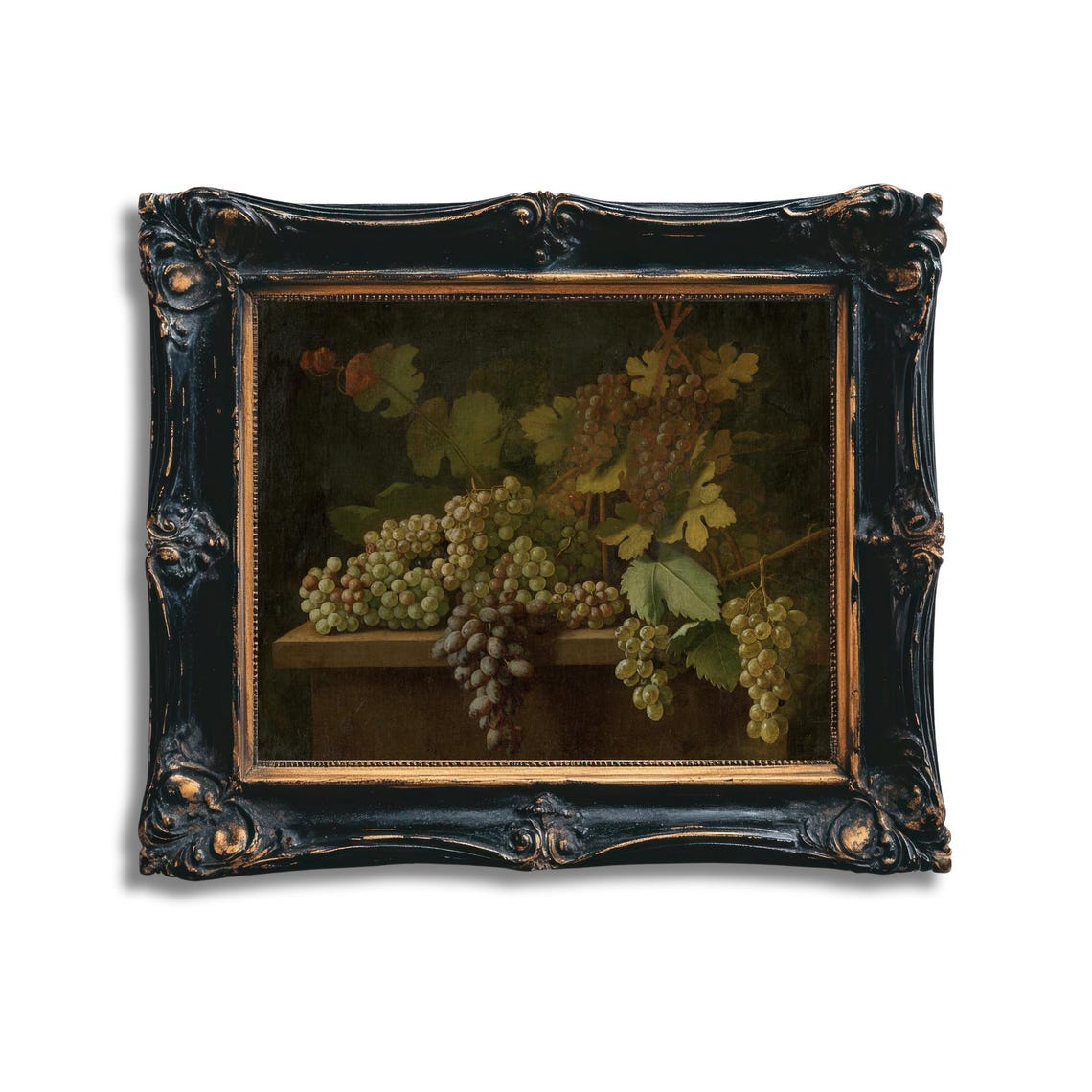 Hanging Grape Clusters on a Ledge Dark Old Master Fruit Poster