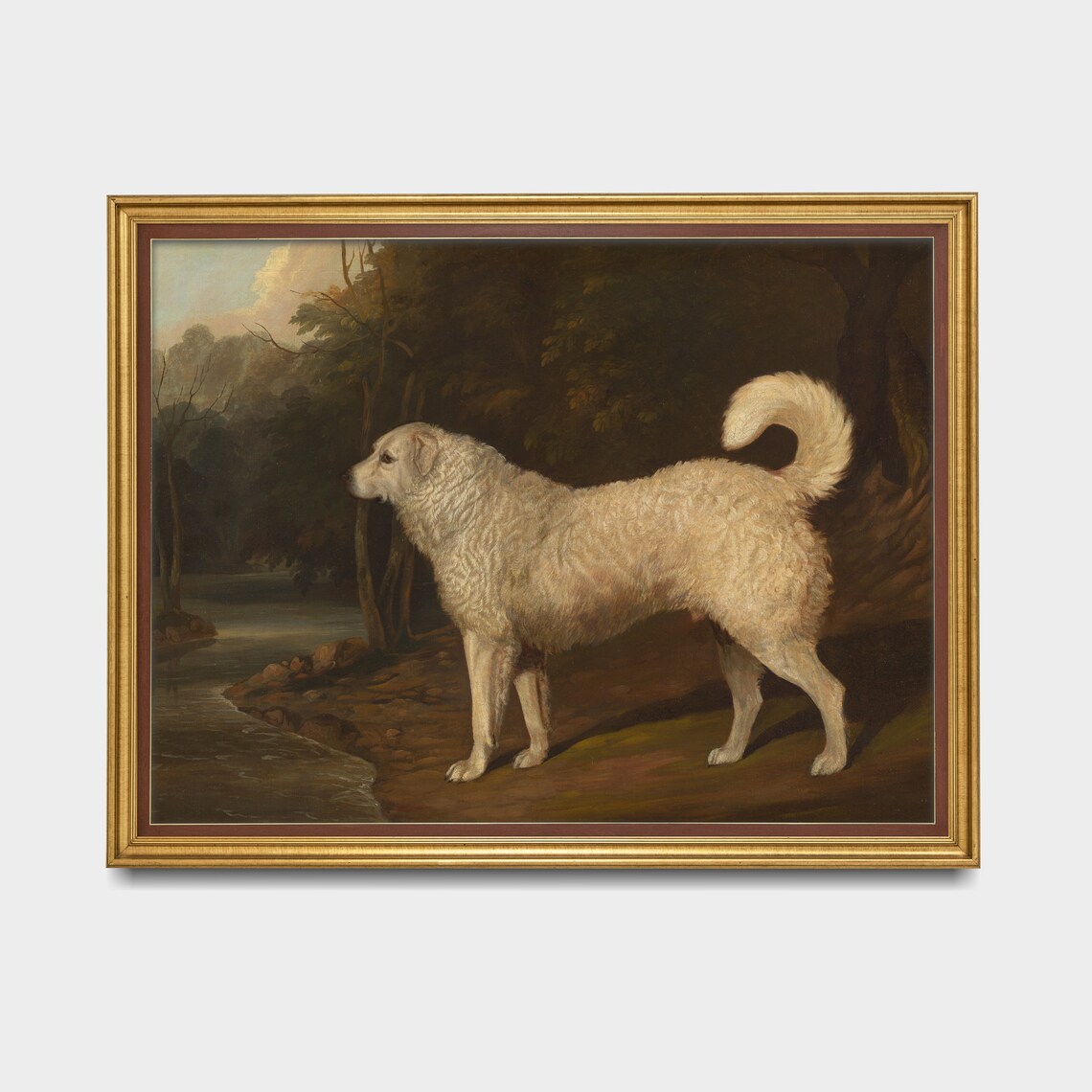 White Curly Coated Dog By River At Dusk Vintage Dog Painting Poster - Image 3