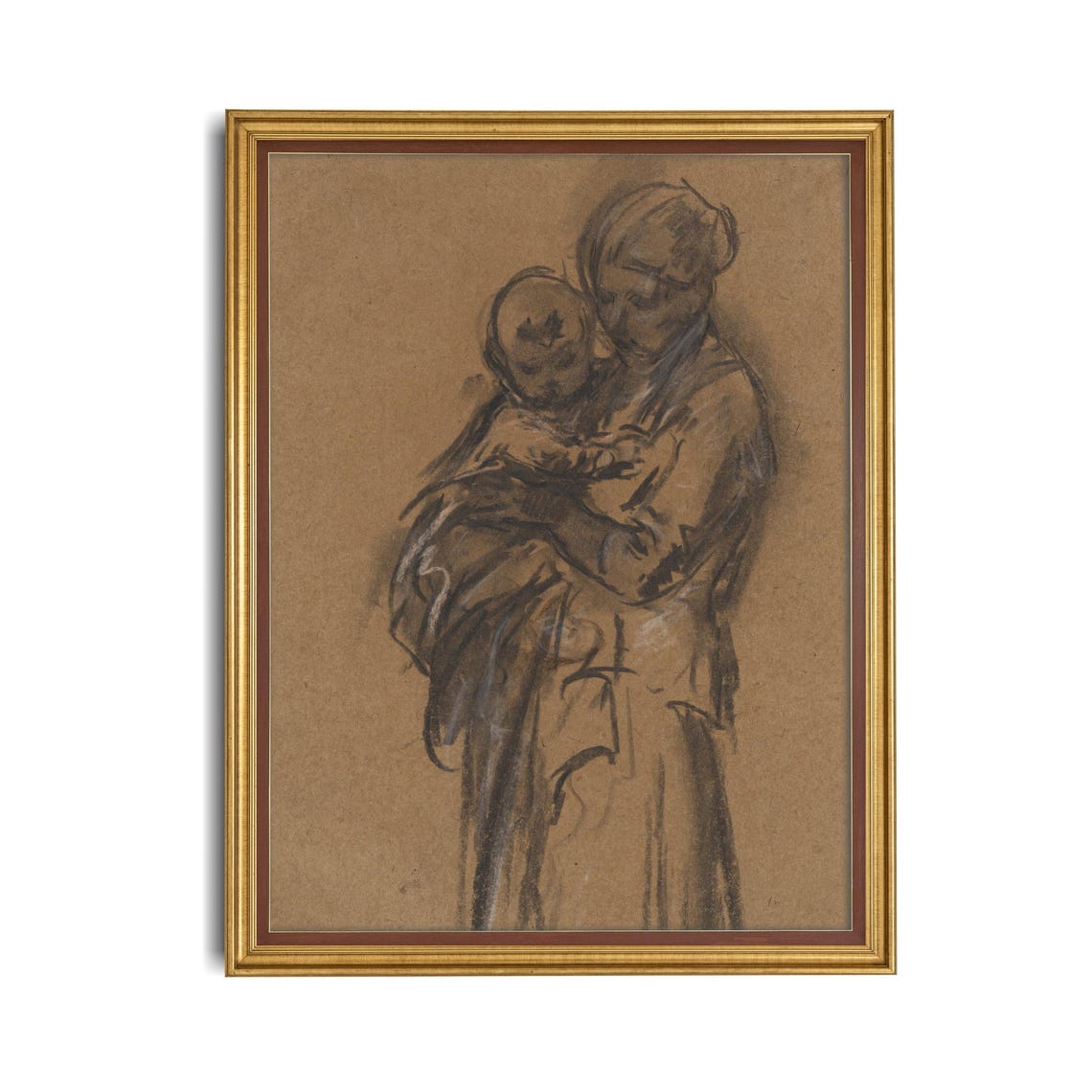 Mother Tenderly Holding Her Child Charcoal Sketch Vintage Poster - Image 4