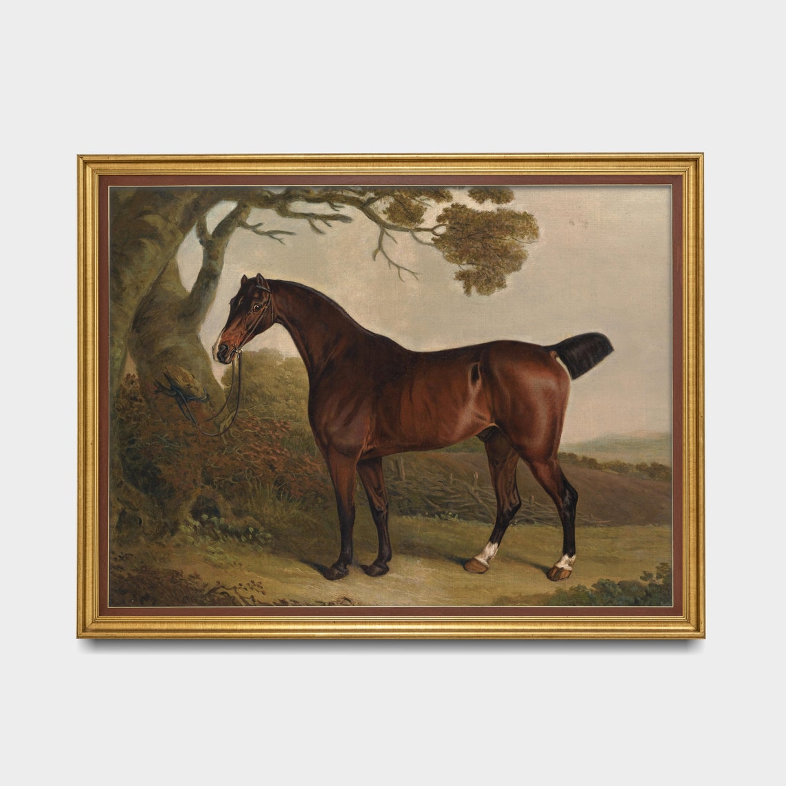 Vintage Bay Horse Under Tree Equestrian Painting Wall Poster - Image 5