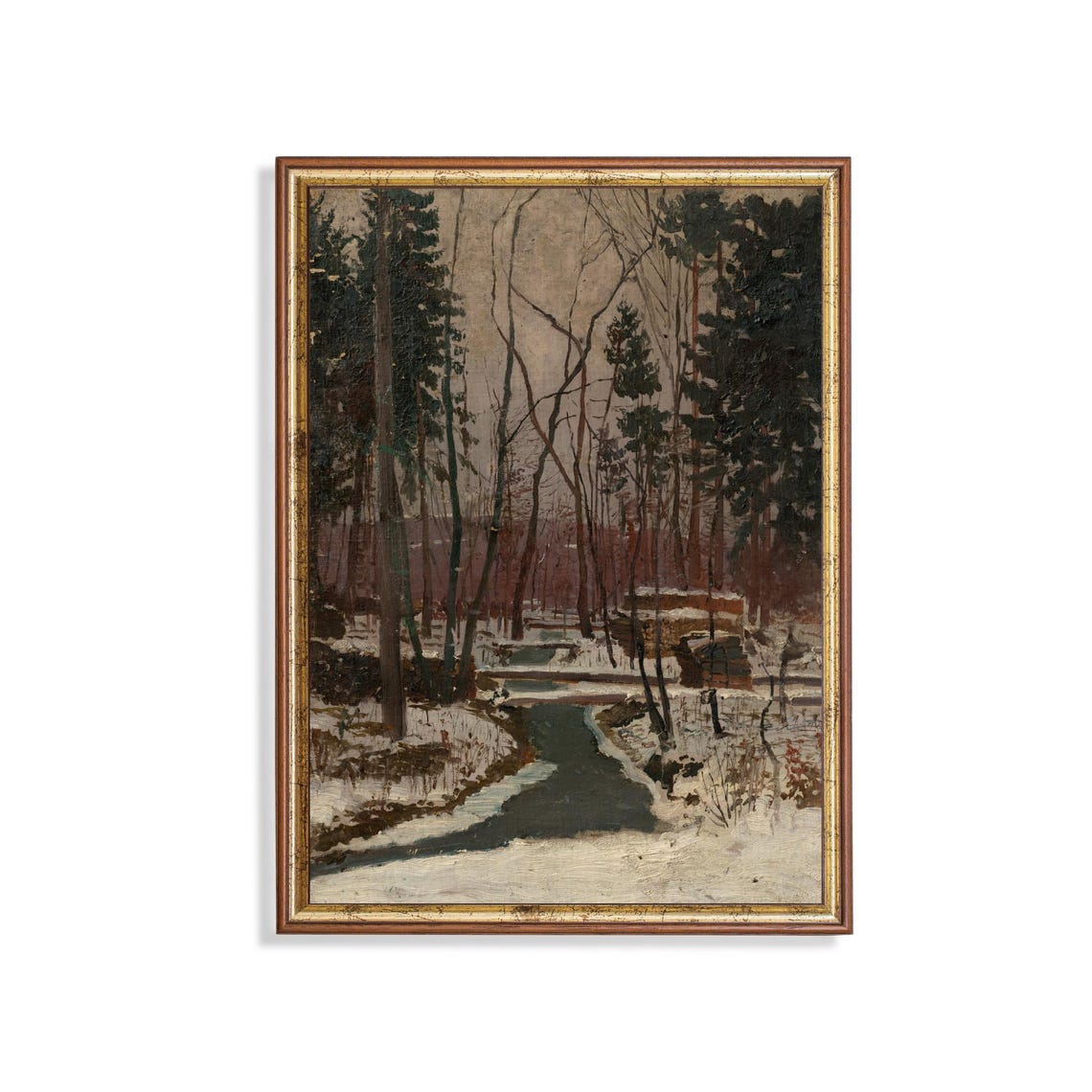Snowy Winter Forest with Stream and Cabins Vintage Landscape Poster