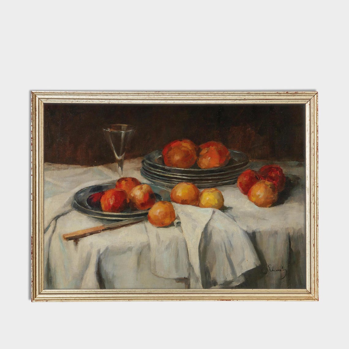 Apples and Wineglass Still Life on a White Tablecloth Poster - Image 3
