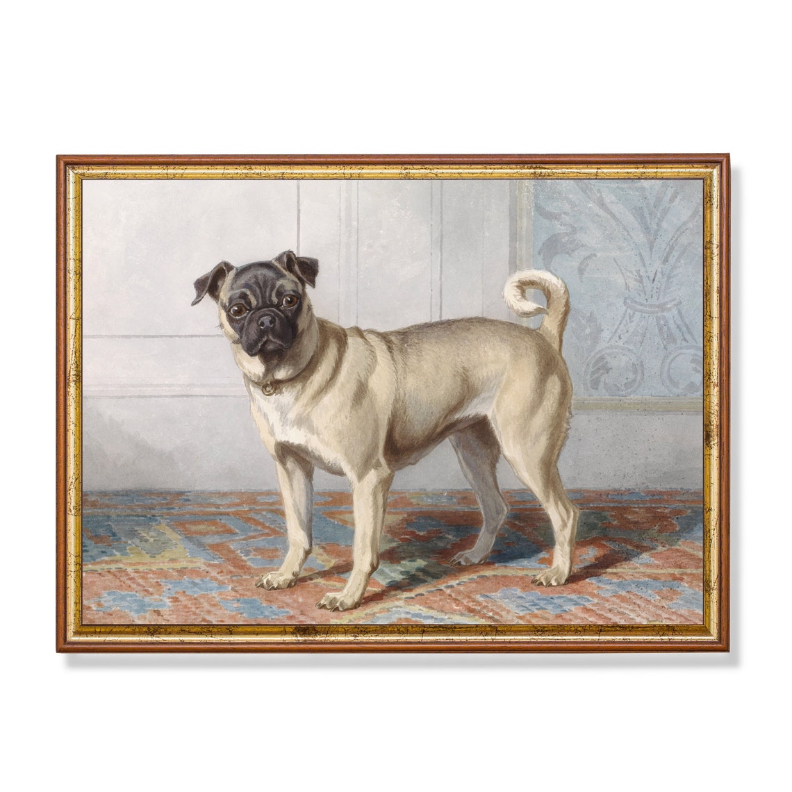 Fawn Pug Standing on a Patterned Rug Vintage Dog Portrait Poster