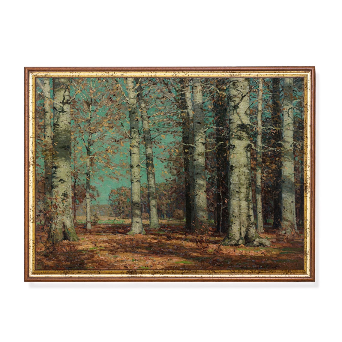 Tall Autumn Trees With White Trunks in a Quiet Forest Poster