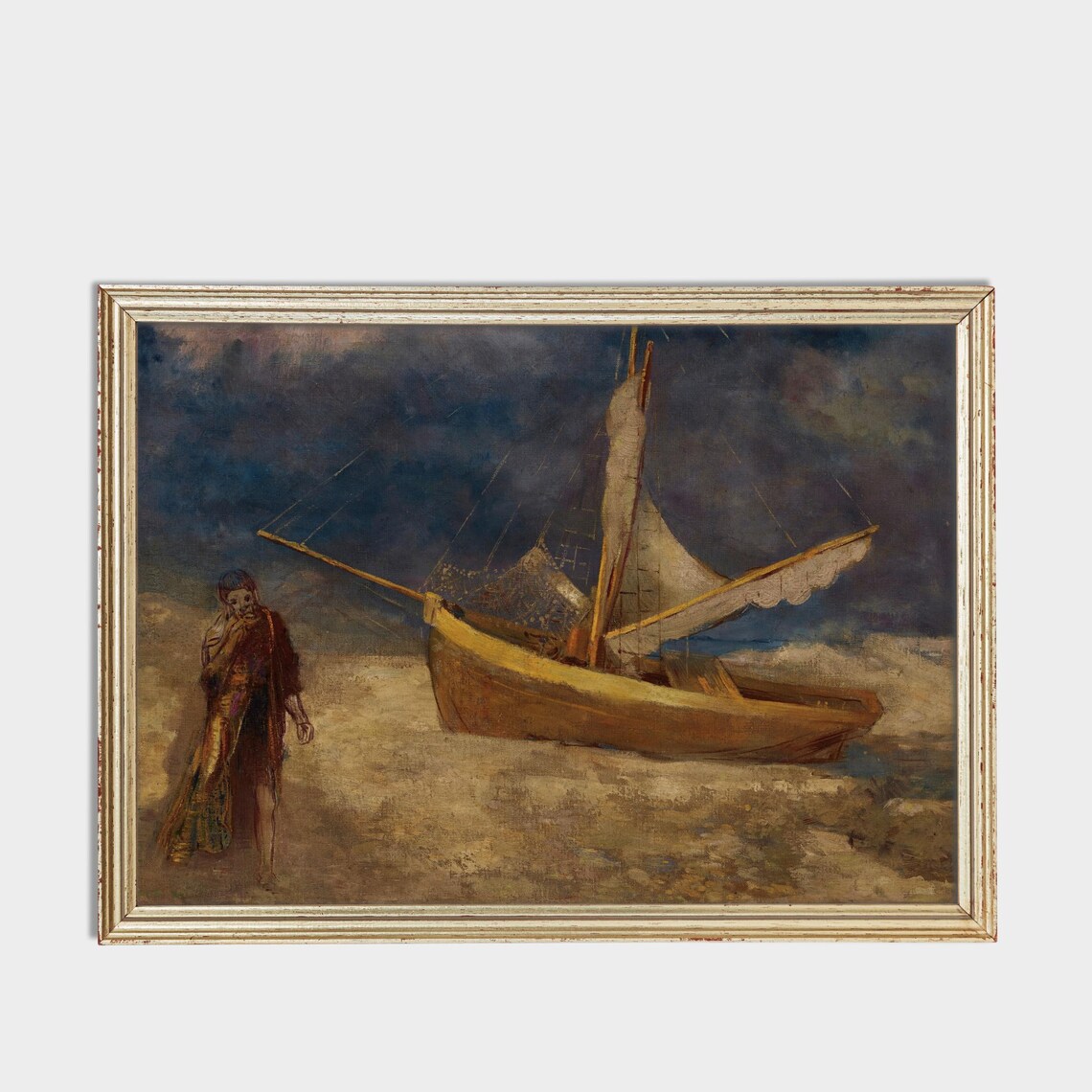 Fisherman Beside A Beached Sailboat At Dusk Vintage Art Poster - Image 3